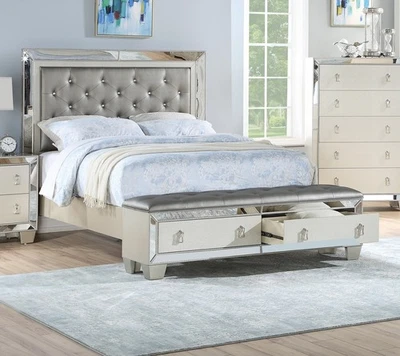 Glam Lujosa 1 pieza California King Size Cama con Cajones Pie Plata Espejo Ac Foto 1 de 4