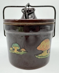 VTG  Brown STONEWARE GLAZED CROCK Cheese Butter Wire Bale USA Mushrooms MCM - Picture 1 of 11