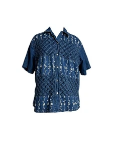 New Direction Denim Short Sleeve Shirt Size Large Embroidered Floral Lattice - Picture 1 of 8