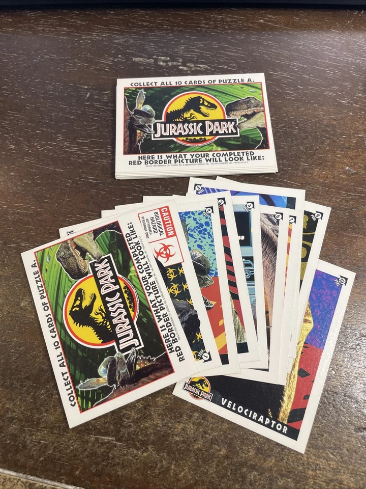 1993 TOPPS JURASSIC PARK COMPLETE STICKER SET-11 CARDS PUZZLE BACK  +9/10 Set - Image 1 of 1