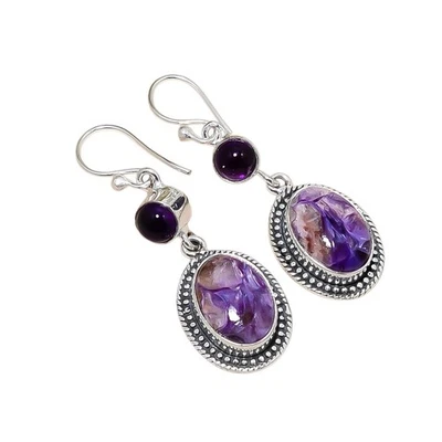 Russischer Charoit Natur Edelstein Handarbeit 925 Sterling Silber Schmuck Ohr... - Bild 1 von 4