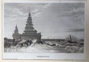 Antique Steel Engraving Print India Art Mahabalipuram Temple Pagoda - Picture 1 of 3
