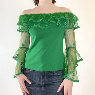 Vintage Y2K Italian Long Sleeve Green Lace Accented Top Size S - Image 1 of 4