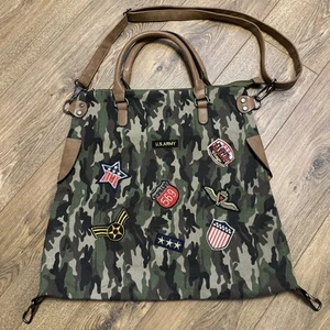 Khaki Green Camouflage Fabric Tote Crossbody Bag w ‘US Army’ Patches - Picture 1 of 10
