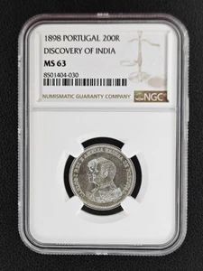 1898 Portugal Discovery of India 400YR Genuine Silver 200 Reis Coin NGC MS63 - Picture 1 of 2