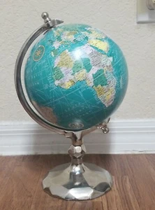 Globe Of The World 13.5" Tall Desk Aluminum/Nickel Metal Base Art DECO style - Picture 1 of 5