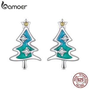 Bamoer Unique 925 Sterling Silver Christmas Tree CZ Stud Earrings Jewelry Women - Picture 1 of 17