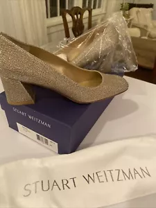 Stuart Weitzman Shoes NWT Gold METALLIC Womens 7 M Block Heel Square Toe Pumps - Picture 1 of 11