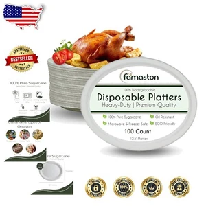 Paquete de 100 platos compostables ovalados blancos sostenibles - ideales para fiestas y picnics - Imagen 1 de 9
