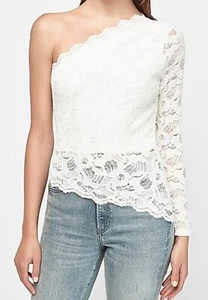 NEW Express Lace Asymmetrical One Sleeve Peplum Top Size S - Picture 1 of 7