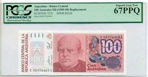 Billete de banco de 100 australianos Argentina 1985-90 excelente gema nuevo 67 PPQ PCGS - Imagen 1 de 4