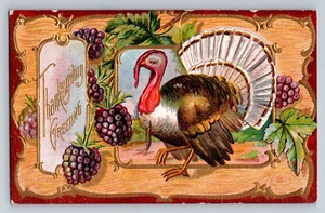 Serie Acción de Gracias Nº Postal antigua de 9 bayas de pavo en relieve de 1910 - Imagen 1 de 2