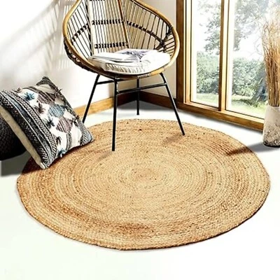 Jute Natural Rug Reversible Braided Modern Style Round Rug Rustic Look Carpet - Image 1 of 4