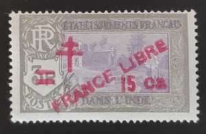 FRENCH INDIA. 1942. Kali Temple overprint "FRANCE LIBRE" 15ca on 3FR. Fine mint. - Picture 1 of 2