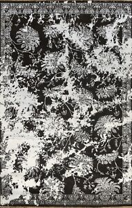 Wool/ Silk BLACK & SILVER Distressed Look Area Rug Hand-knotted Floral 6x9 ft.