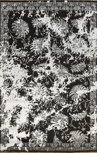 Wool/ Silk BLACK & SILVER Distressed Look Area Rug Hand-knotted Floral 6x9 ft. - Picture 1 of 12