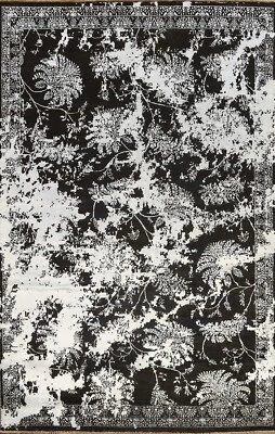 Wool/ Silk BLACK & SILVER Distressed Look Area Rug Hand-knotted Floral 6x9 ft - Image 1 of 4