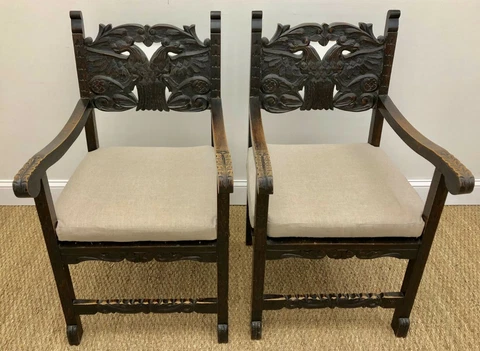 Vintage Pair of Primitive Greek Arm Chairs with Double-headed Eagles Cover
