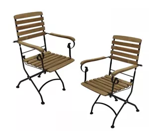 Klappsessel 2er-Set mit Armlehnen Flachstahl Schwarz und Teakholz Gartenstuhl - Bild 1 von 3