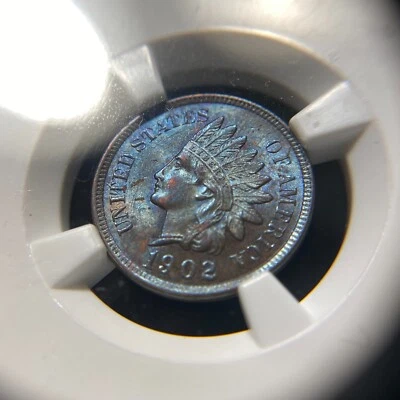 1902 US Indian Head Cent 1c NGC MS 62 BN UNC Gem++ Nice Blue Toning Toned - Image 1 of 4