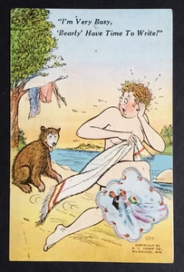 Bearly Have Time To Write Humor Postcard 1940s Linen Bear Risque w/ Wedding Seal - Picture 1 of 3