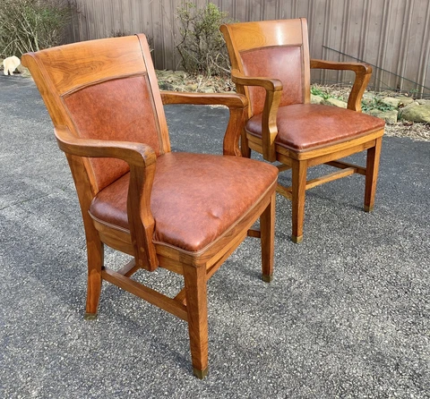 Pair Antique Oak Banker's Chairs Wood Faux Vegan Leather Fayette County PA Vtg Cover