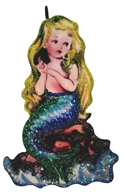 STROMBOLI'S WAGON MERMAID SITTING on BEACH ROCK, OCEAN * Glitter CHRISTMAS ORNAMENT * Vtg Img