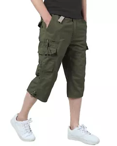 Men's 3/4 Long Cargo Shorts Loose Fit Elastic Work Capri 7 Pocket Shorts - Picture 1 of 7