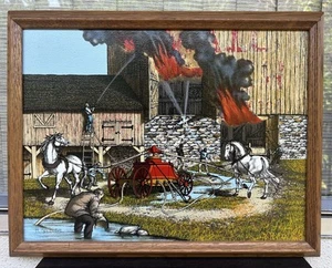 Vintage Original H. Hargrove Painting Burning Barn Framed Vintage - Picture 1 of 8