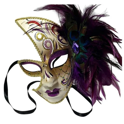 Carnival Mask Partial Face Masquerade Peacock Feathers Purple Gold - Image 1 of 4