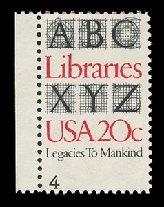 SCOTT #2015 20c AMERICA'S LIBRARIES, PERFS SHIFTED DOWN with PLATE NUMBER - Picture 1 of 2