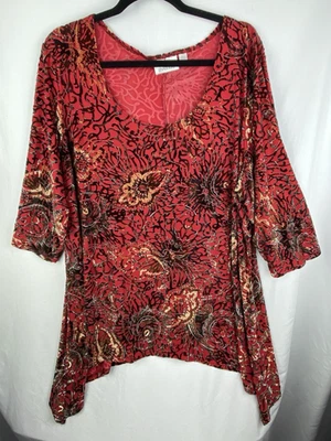 Avenue Velvet Burnout Tunic Top Womens 3X Red Multi Floral Dark Romantic Fairy - Image 1 of 4