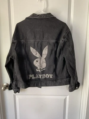 PacSun Black Women’s Playboy Jean Jacket XS S Oversized Streetwear Graphic Denim - Image 1 of 4