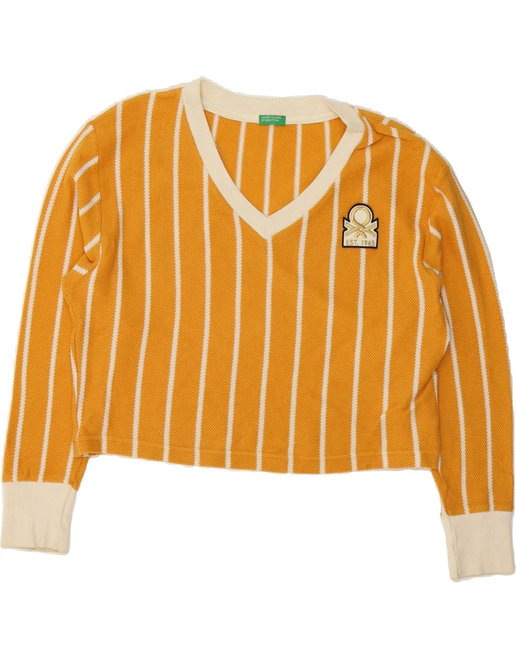 BENETTON Damen Crop V-Neck Pullover Sweater UK 14 Medium gelb gestreift Z010 - Bild 1 von 3