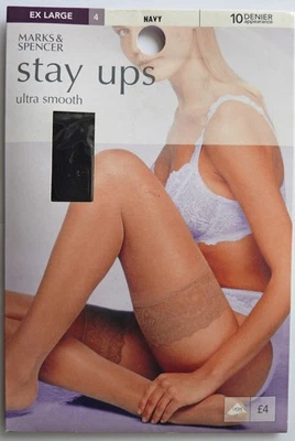 Marks & Spencer XL Size Vintage Lace Top 10 Denier Hold-Ups Stockings in Navy - Image 1 of 2