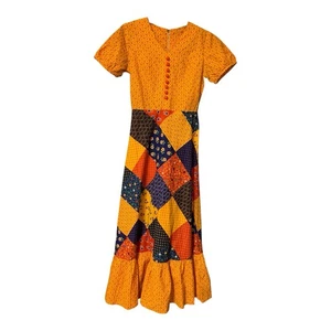 Vtg 60s 70s Maxi Dress XS Boho Hippie Festival Patchwork Short Sleeve Ruffle - Picture 1 of 11