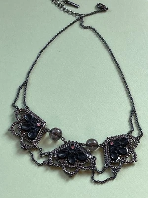 Jewelmint Marked Oxidized Silvertone Dainty Chain w Black Fan Shaped Links  Art Foto 1 de 4