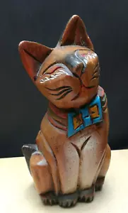 VINTAGE HAND CARVED & HAND PAINTED WOODEN CAT ORNAMENT - Picture 1 of 10