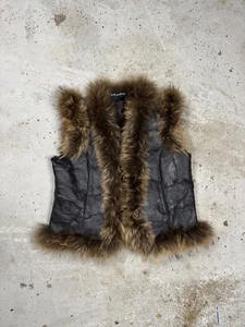 Vintage Y2K Lamb Leather Patchwork Vest Racoon Fur japan avant garde rare - Picture 1 of 14