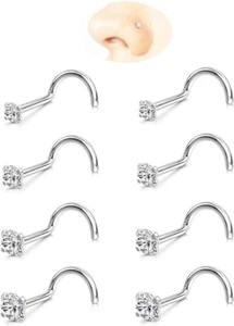8PCS 20G CZ Nose Studs Gold Silver 316L Steel Piercing Jewelry for Women Men - Picture 1 of 11