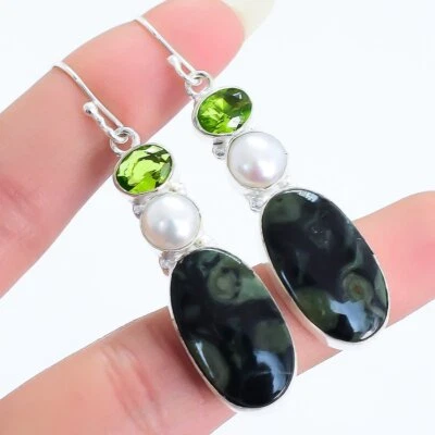 Galaxy Jaspis, Perle, Peridot Edelstein Silber Schmuck Ohrring 2.3 " ERJ17181 - Bild 1 von 3
