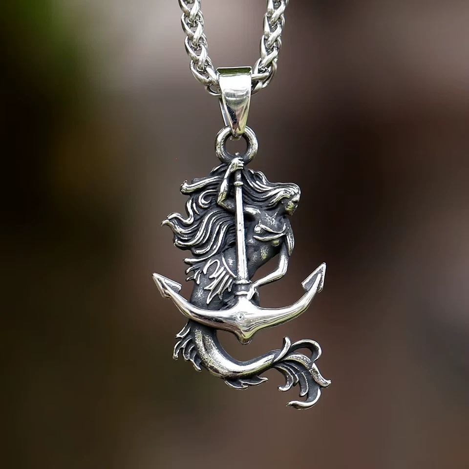 316L Edelstahl Meerjungfrau am Anker Anhänger mit Kette - Halskette Edelstahl - Bild 1 von 4