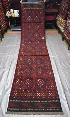 Red Navy Antique Afghan Mushvani Runner Rug 3x12 Handmade Oriental Wool Carpet - Image 1 of 4