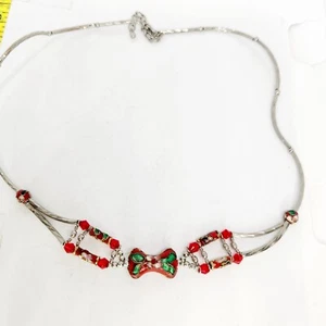 Vintage chinesische Cloisonne rote Blumenansicht Emaille Perlen Halskette silberfarben Halsband  - Bild 1 von 5