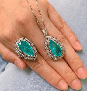 2 Pieces Blue Paraiba Jewelry Set Gemstone Drop Earrings Pendant Women Gift Set - Picture 1 of 1