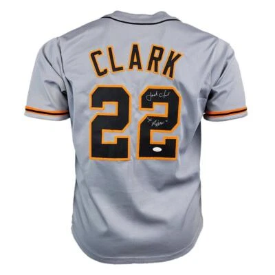 Camiseta deportiva de béisbol gris firmada por Jack Clark con inscripción de "El Destripador" de San Francisco (J Foto 1 de 3
