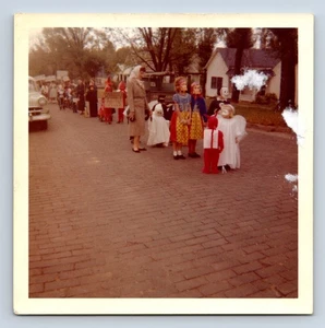 Vintage Photograph Halloween Costume Parade Children Lined Up on Brick Road - Picture 1 of 2