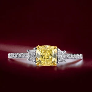 Diamond Gold Ring 1.70 Ct IGI Lab Grown Fancy Intense Yellow Fine 14K Multi Tone - Picture 1 of 12