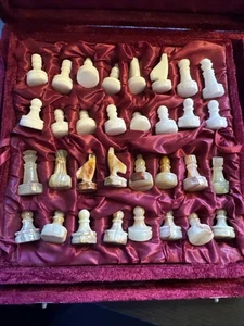 Vintage Chess Set with Stone Pieces and Board in Red Velvet Box - Picture 1 of 10
