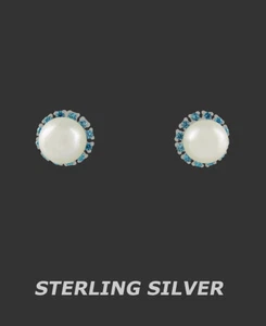 GENUINE PEARL & BLUE TOPAZ STUD EARRING .925 Silver * NEW WITH TAG * Screw Back - Picture 1 of 4